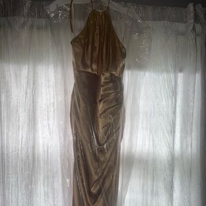 Never Been Worn David’s Bridal Golden Tie-Neck Charmeuse Halter Dress, Size 2